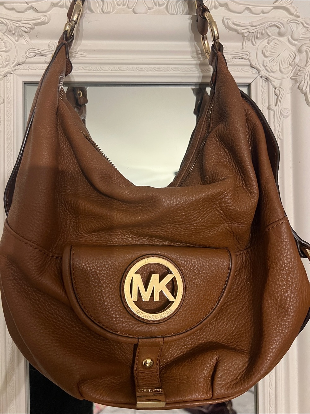 Michael Kors Chestnut Brown Pebbled Leather Hobo with Gold MK Emblem